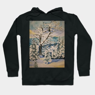 A winter snowscene with trees and mountains in watercolour. Hoodie